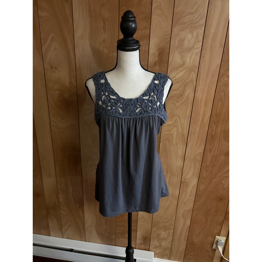 Agenda Womens Gray Crochet Neck Sleeveless Y2K Empire Waist Tank Top Large
